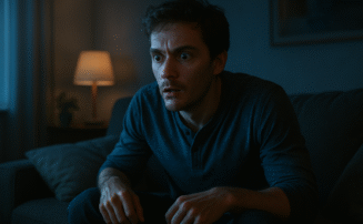 Person tittar intenskt på tv-skärm med cliffhanger-känsla i vardagsrummet.