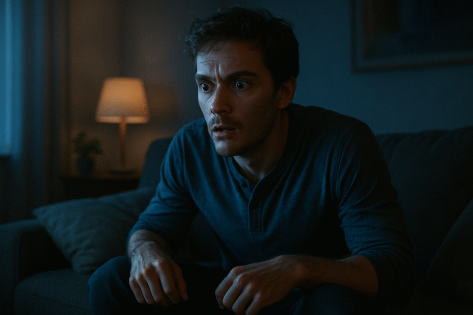 Person tittar intenskt på tv-skärm med cliffhanger-känsla i vardagsrummet.
