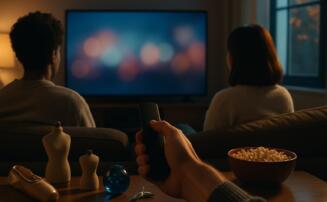 Hand som haller fjarrkontroll mot tv medan tva tittare ser disney-premierer