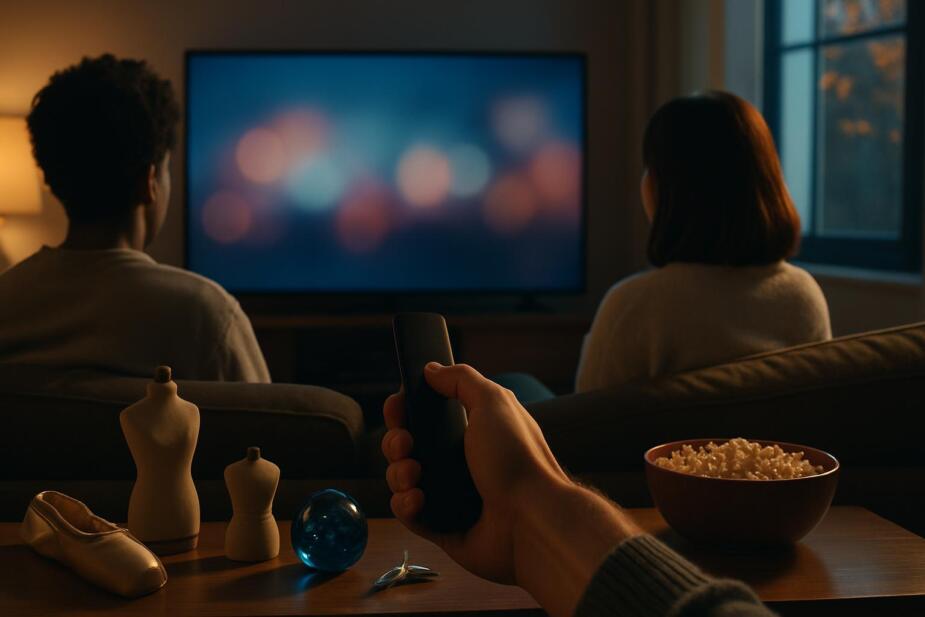 Hand som haller fjarrkontroll mot tv medan tva tittare ser disney-premierer